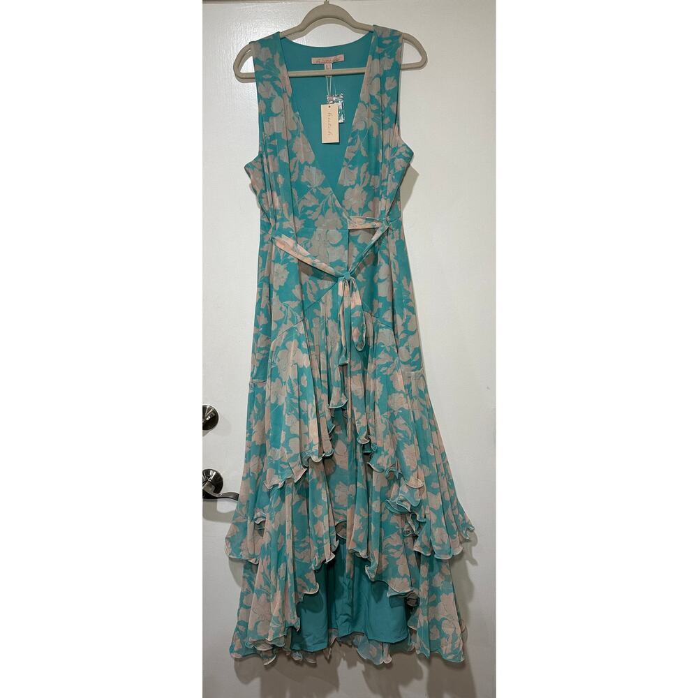 Hutch Trinity Ruffled Chiffon Wrap Maxi Dress Teal Floral Size Large NWT Wedding - Picture 2 of 14